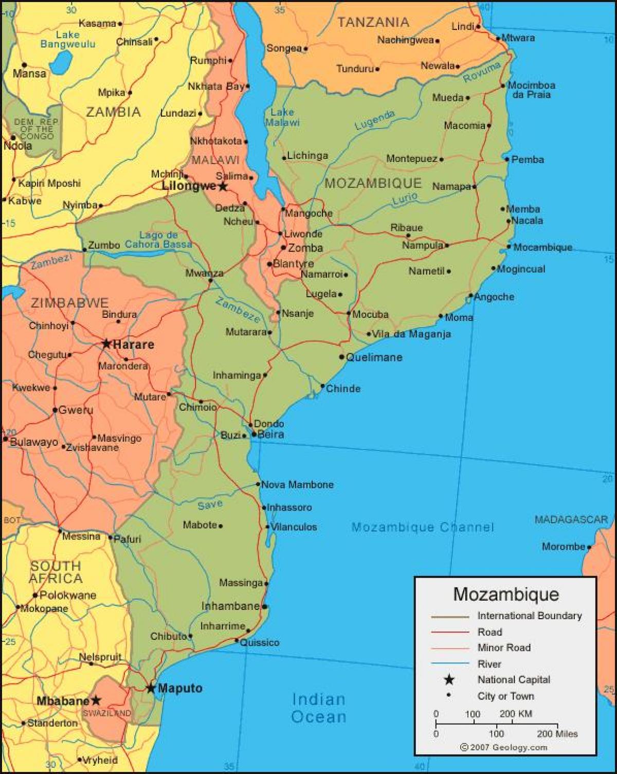 χάρτης της Μοζαμβίκης ακτογραμμή